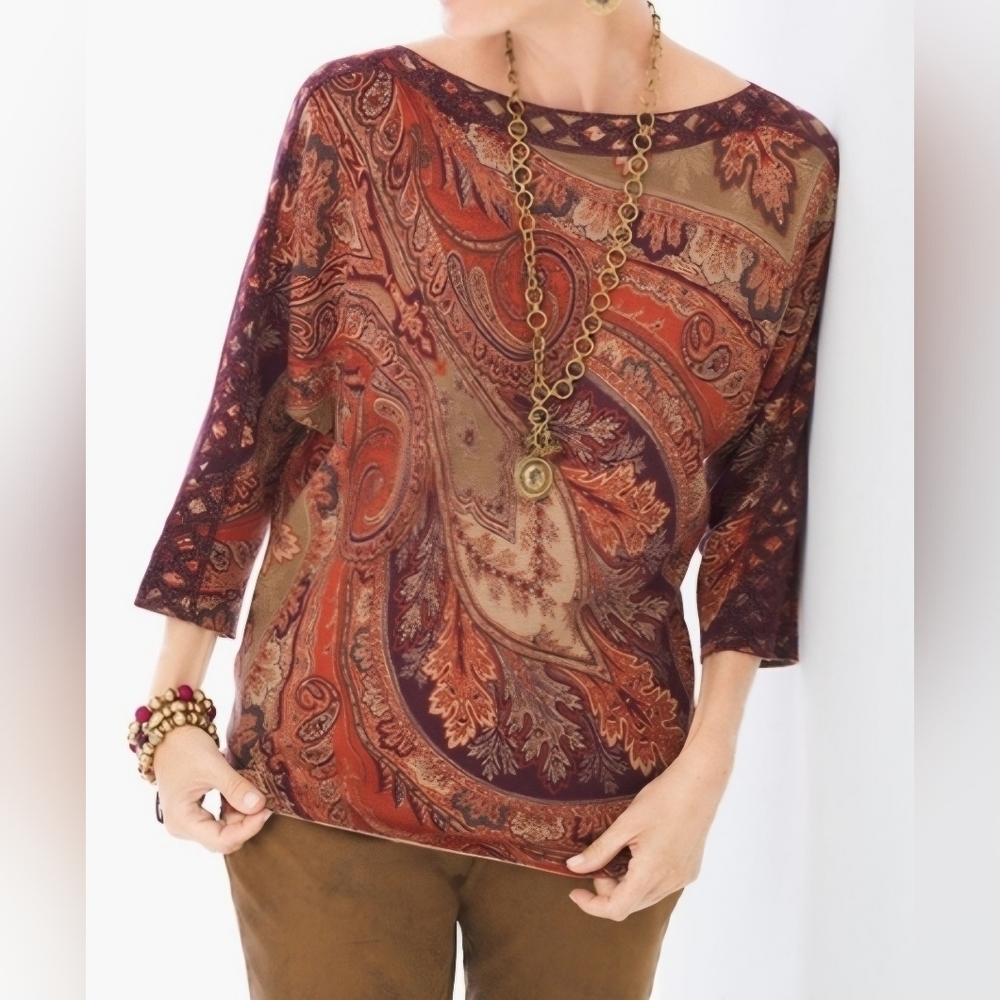 CHICO'S Coco Boho Paisley Dolman 3/4 Sleeve Boatneck Pullover Knit Top Size M
